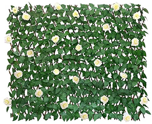 GLANT Expandable Fence Privacy Screen for Balcony Patio Outdoor,Decorative Faux Ivy Fencing Panel,Artificial Hedges (Single Sided Leaves) (1, White Rose)