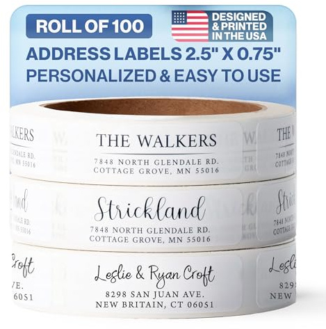 100 Personalized Address Labels - Glossy White Return Address Label 2.5 x 0.75'', Stylish Fonts for Envelopes & Packages, Customizable Labels for Home or Office Use