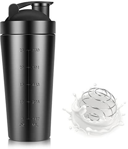FENGQ 750ML Shaker Proteine, Shaker En Acier Inoxydable, Shaker À Protéines De Fitness, Protéine Shake Sport Avec Boules Mélangeuses, Pour Sport, Fitness, Noir