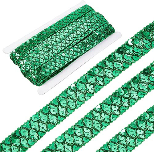 GORGECRAFT 14 Yarda de Cinta de Lentejuelas Verdes con Purpurina, Cinta Encaje, Cuentas Lentejuelas, Tiras, 3 Filas, Rollo para Coser, Adornos Navidad