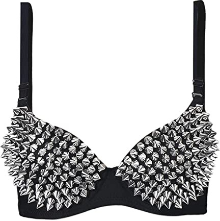 GHAKKE Sexy Bras Women Party All-over Spike Rivet Metallic Punk Dance Push Up Bra Nightclub Costumes Bras Bralette (Color : Black, Size : 34)