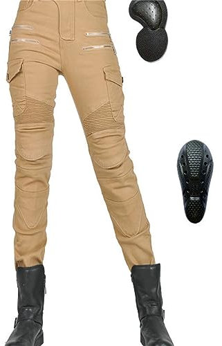Damen Slim Fit Motorrad Jeans Mit Protektoren Knie Und Hüftprotektoren Stretch Slim Fit Denim Motorradhose Cargo Motorradjeans Schutzhose Biker Pants (Khaki,L)