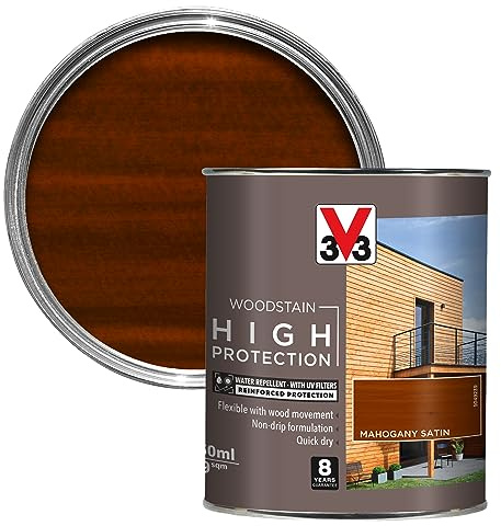 V33 High Protection Woodstain - 8-Year Guarantee - UV Filters - Water-Repellent - Quick-Drying - Only 2 Coats - Mahogany 750ml