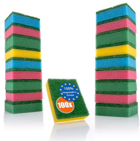 BigDean 100 Stück Schwämme Mehrfarbig für Küche & Haushalt– zweiseitigen Reinigungsschwamm – Topfschwamm, Spülschwamm, Putzschwamm wiederverwendbar – Made in Europa