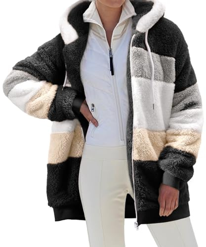 CMTOP Felpa Donna con Cappuccio Caldo Felpa in Pile Teddy Autunno Invernali Cappotto Patchwork Peluche Felpa Donna con Zip Outwear Casual Hoodie Giacca con 2 Tasche(Nero, S)