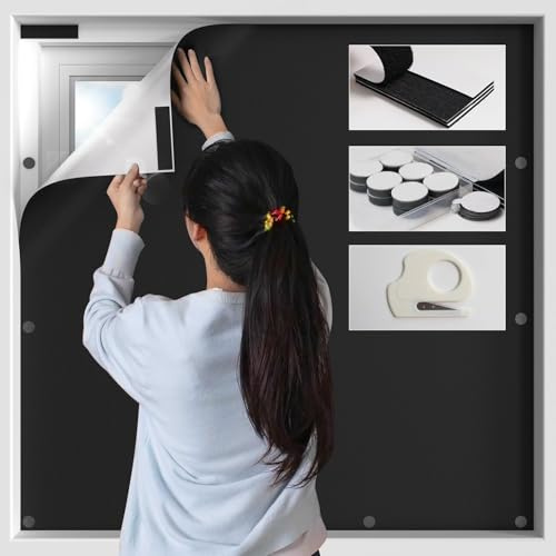 BKSAI 100% Blackout Window Cover, Portable Magnetic Black Out Curtains for Window, Black Out Shades No Drill Cuttable Blackout Blinds for Bedroom, RV, Nursery, Media Room, 79x57 inch
