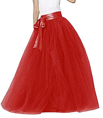Gonna lunga in tulle, da donna, in tulle, per carnevale, carnevale, con cintura, tutù, costume di carnevale, costume da ballo, maxi gonna in rete, Rosso 1, Taglia unica