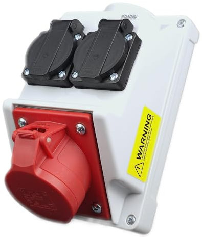 RoadEu - 16Amp Power Distributor 400V with UK monophase sockets. CEE Wall Mounted Socket Combination Box 16A 5P 400V and 2x 13Amp 230V IP44. Perfect for construction sites, workshops, sheds or gardens