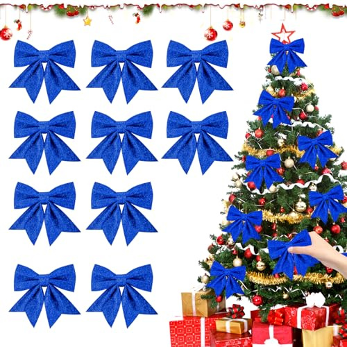 10 Pezzi Fiocchi di Natale, 15x14cm Glitterati Fiocchi per Albero di Natale, Fiocchi di Natale per Albero, Fiocchetti Piccoli per Decorazioni, Ideale per Natale, Natrimoni, Regalo Decorare (Blu)
