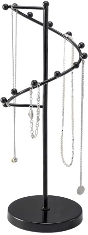 Lolalet Necklace Stand with 11 Hooks, Helix-shaped Jewelry Organizer Metal Rack Long Necklaces Hanging Display Holder Round Base Antique Jewelry Bracelets for Girls Women Wife -Black
