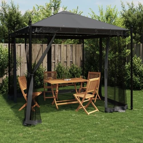Gazebo da Giardino con Pareti Rete, Struttura in Acciaio, Tetto Spiovente Impermeabile, Tende da Sole per Esterno, Tendone da Esterno, per Giardino e Spiaggia, Colore Antracite, 2.93x2.93x2.83 m