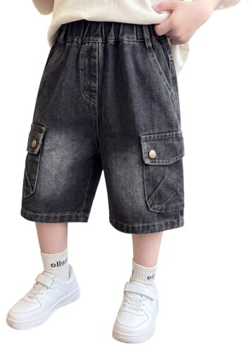 Volunboy Short en Jean Ample Garçon, Jorts Souples Longueur Genou 2-8 Ans | Riche en coton, taille élastique, multipoches, coupe large, style vintage Y2K, mini look de papa, idéal au quotidien