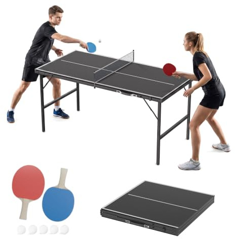 UISEBRT Mini bordtennisbord hopfällbar 152,5 x 76 cm, MDF bordsskiva med metallram, komplett ping pong set med 2 racketar, 5 bollar, nätväska, inomhus och väderskyddat utomhusbord