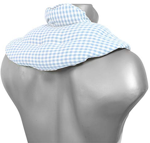 Coussin de nuque avec col montant - Blanc et Bleu clair - Coton Bio - Coussin aux pépins de raisin - Coussin épaules et cou - Bouillotte micro-ondes
