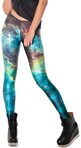 Nuofengkudu Women's Print Leggings Coloured soft Opaque High Waisted Fitness Elastic Yoga Pants Fashion Running Workout Tights(Green Galaxy,One Size)