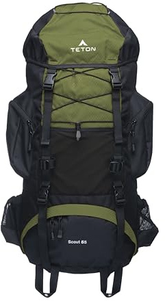 Teton 65L Explorer Internal Frame Backpack for Hiking, Camping, Backpacking, Rain Cover Included, Olive