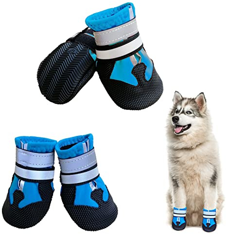 NeuWook Bottes Chien, 4pcs Bottes de Protection pour Chien Imperméable, Chaussures de Chien Antidérapant avec Réfléchissantes Sécuritaires pour Chiens de Taille Petit Moyenne et Grande (XL, Bleu)