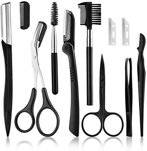 Juego de cejas, kit de recorte de cejas, kit de aseo de cejas, incluye maquinilla de afeitar de cejas, cepillo de cejas, tijeras de cejas, para mujeres y hombres (11 unidades, negro)