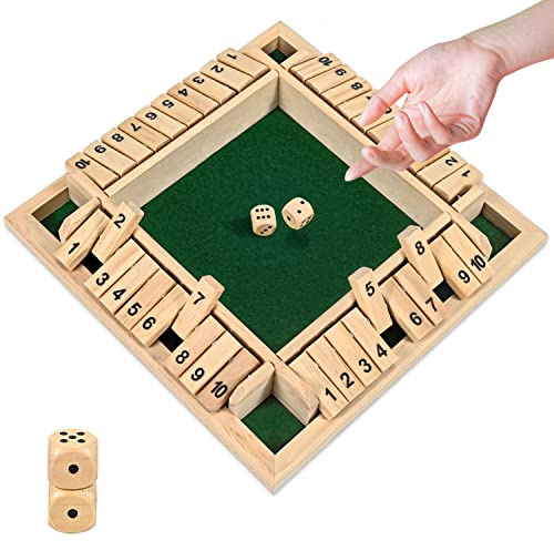 CRETVIS 1-4 Players Shut The Box Dice Game, 10 Numbers Traditional Wooden Pub Bar Board Family Table Mat Game Dice for Adults