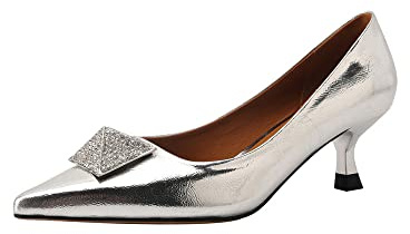 TinaCus Genuine Leather Women's Pointed Toe Handmade Kitten Heels Slip On Dress Pumps Shoes(Silver, US10)