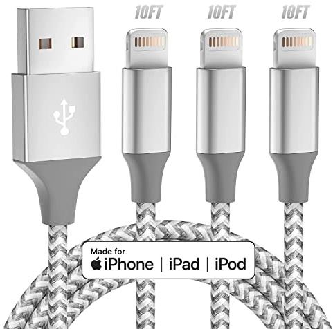 iPhone Charger 3pack 10FT Apple MFi Certified Long Lightning Cable Fast Charging High Speed Data Sync USB Cable Compatible iPhone 14/13/12/11 Pro Max/XS MAX/XR/XS/X/8/7/Plus/6S (Grey White)