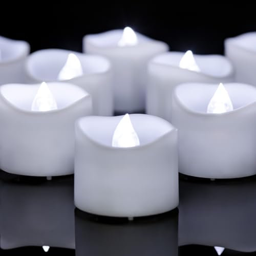 Yakpo Paquete de 12 velas de té LED de color blanco frío, funciona con pilas, temporizador parpadeante sin llama, velas votivas falsas LED eléctricas a granel para decoraciones de luz de calabaza de