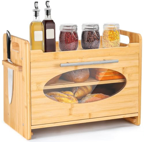 ONUEMP Wooden Bread Bins for Kitchen, Double Decker Bread Boards Wood 40X23.5X30 cm Bread Box with Clear Window, Bread Storage Containers for Kitchen Countertop Organizer with Cutting Board