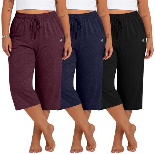 Neer Paquete de 3 Pantalones Capri de Talla Grande para Mujer, de Pierna Ancha y Corte Holgado, Estilo Casual, con Bolsillos(XL,Negro, Rojo Vino, Azul Medianoche)