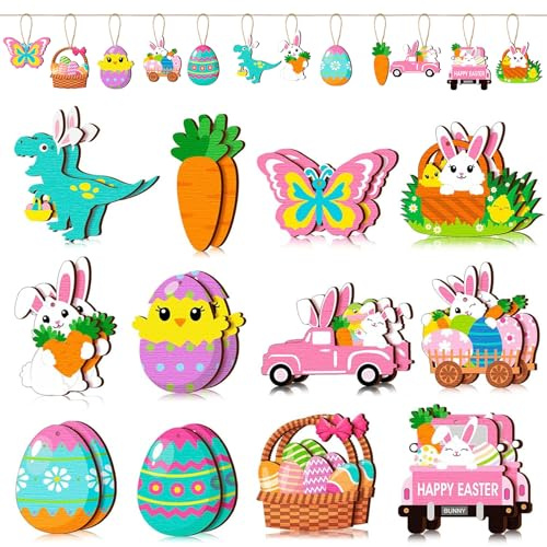 24 Pezzi Pendente Pasquale in Legno, Uova di Pasqua Appese, Pasquali Ciondolo Coniglietto, Ciondolo Pasquale in Legno, Ornamenti Pasquali in Legno, per Decorazioni per Feste Pasquali e Primaverili (B)