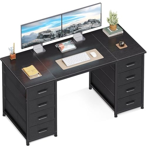 Coleshome Computer Desk with Fabric Drawers, 120x48cm Modern Office Desk with Storage, PC Study Table for Home Office、Bedroom or Living Room, Black