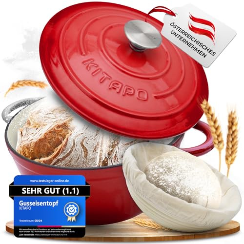 KITAPO Pentola in ghisa [incl. cestino per la lievitazione + panno per impasto] – Pentola smaltata di alta qualità 24 cm – ideale per cuocere il pane in ghisa – pentola per pane in ghisa – accessorio