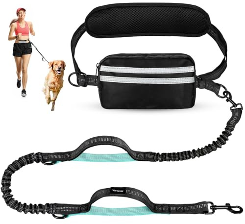 DingGreat Handfree hundkoppel med midjebälte, bungee-löpar för medelstora och stora hundar, justerbart midjekoppel (68 cm – 140 cm) dubbelt handtag, reflekterande sömnad och avtagbar påse (enkelt