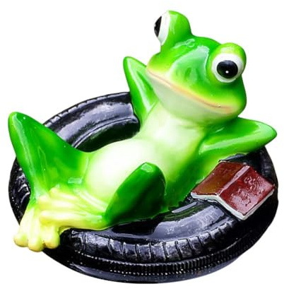 HpLive Figura de estanque para jardín, rana en hoja de nenúfar, resistente a la intemperie, decoración exterior de resina para estanque de jardín