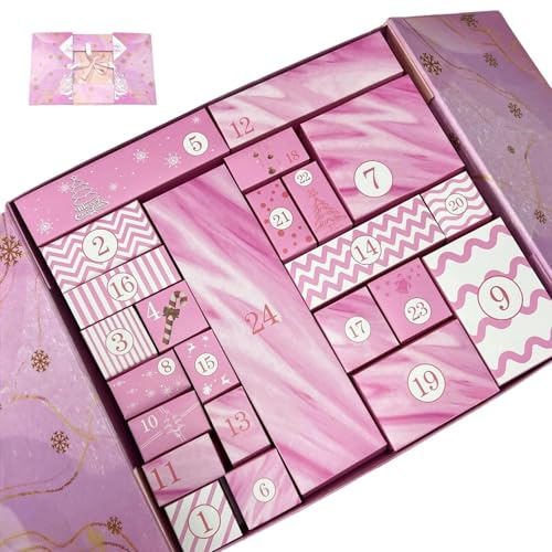 Kalenderlåda för julnedräkning - 33,5 x 30,5 x 8 cm rosa 24-rutor återanvändbar barn fyllbar godislåda | adventskalender för födelsedag bröllop vuxna vänner familj fest presenter godis choklad godis