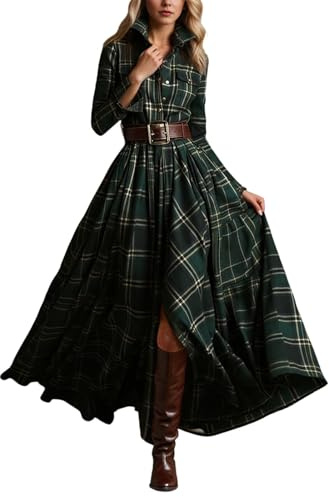 Robe Ecossaise Femme Tartan Retro Swing Robes a Carreaux Automne Hiver Col Rond avec Poche Manche Longue Grande Taille Caftan Robe Cowboy Empire de Soiree Cocktail Maxi Plaid Dress
