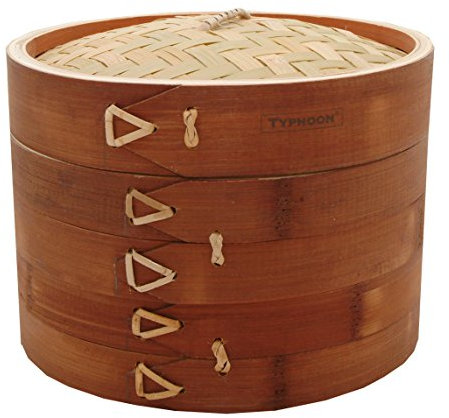 Typhoon, 3 Piezas, Madera World Foods Vaporera de bambú de Doble Nivel de 8 Pulgadas, marrón