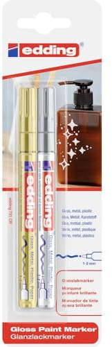 edding 751 gloss paint marker - gold, silver - pack of 2 paint markers - round nib 1-2 mm - paint pen for glass, pebbles, wood, plastic, paper - waterproof, high coverage
