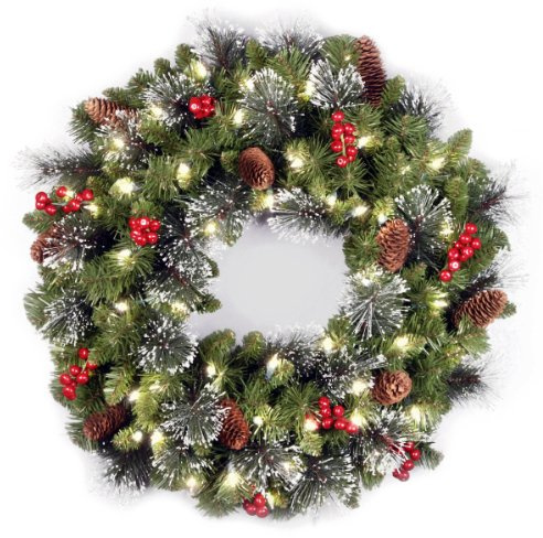 National Tree Company 24 in Pre-Lit Crestwood Spruce Artificial Christmas Wreath, Christmas Decoration with Glitter, Pinecones, Red Berries, 50 Warm White LED Lights, 160 Tips, Timer, Green