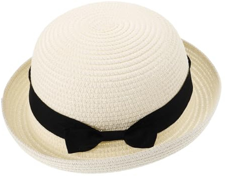 Amosfun Ladies Dome Sun Hat with Bowknot Roll-up Brim Straw Beach Hat Lightweight Summer Cap for Women and Girls Creamy White
