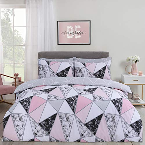 Dreamscene Marble Geometric Duvet Cover with Pillow Case Bedding Set Reversible Shapes, Grey Blush Pink - King