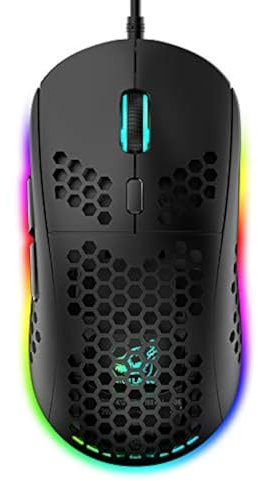 Mouse da Gioco Leggero Favo RGB, 6 Pulsanti Programmabili, 6 Modalità di Retroilluminazione RGB e 6400 DPI Regolabili, USB Cablato, Plug & Play, Compatibile con Windows, Mac, Laptop, PS4, XBox Nero