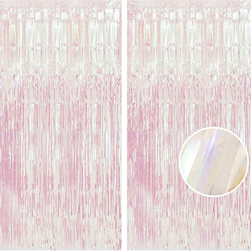 BRAVESHINE Iridescent Foil Fringe Backdrop - 2 Pack 3.2x6.5ft Holographic Tinsel Photo Booths Pros Streamer Curtains for Girl/16th Birthday/Engagement/Bridal/Anniversary/Bachelorette Party Decorations