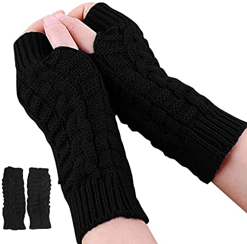 Andiker Winter Fingerless Gloves for Women, Knitted Arm Warmer Thumb Hole Gloves Soft Wrist Half Finger Mittens (black)