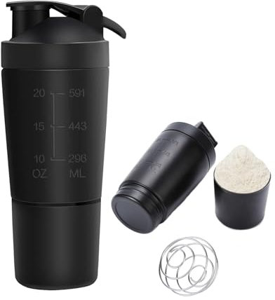 Golgner Shaker proteico in acciaio inossidabile, shaker proteico sport fitness, shaker proteico fitness da 600 ml, con tazza da 200 ml, per frullato proteico, dietetico e fitness (nero)