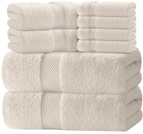 White Classic Luxury Bath Towel Set of 8 Pieces - 100% Turkish Cotton Highly Absorbent Towels for Bathroom, 2 Luxury Bath Towels 700GSM, 2 Hand Towels, 4 Washcloths, Ivory