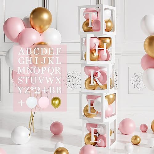 104 Cube Baby Shower Decoration pour Filles,5 Boîte Ballon Décoration Douche Bébé Roses avec Lettre,45 Ballons Roses En Or Blanc,Boîtes Bébé pour Baby Shower,Décoration Fête D'anniversaire,DIY Nom