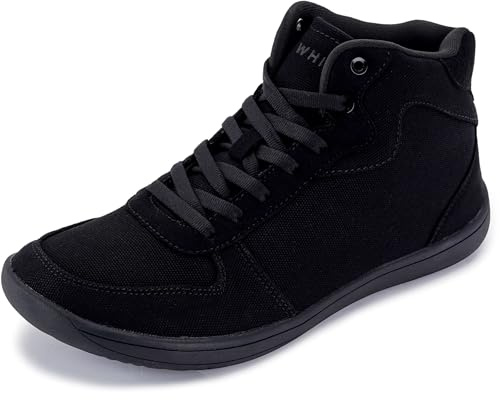 WHITIN Men's Wide Toe Box Canvas Minimalist Barefoot Shoes Width Zero Drop Minimus Sneaker Male Size 10 Hightop Minimal Walking Boxing Casual All Black 44