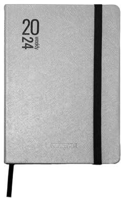 MITAMA Kalender Silber Schwarz – Wochenplaner – 18 Monate September 2023 – Februar 2025 – 158 Seiten + 50 zusätzliche Inhalte – Innentasche + passender Bleistift – 15 x 21 cm