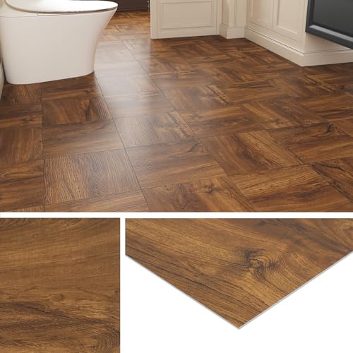 Livelynine Golvplattor, självhäftande träeffekt, skala av och klistra på vinylgolvplattor, badrum, självhäftande golvplattor, brunt trä, 30 x 30 32 st, självhäftande golvplattor för kök, sovrum