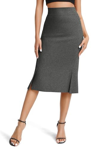 EXCHIC Mujeres Elegante Negocios Elástico Lápiz Falda Alta Cintura Midi Falda con Split(L, Gris Oscuro)